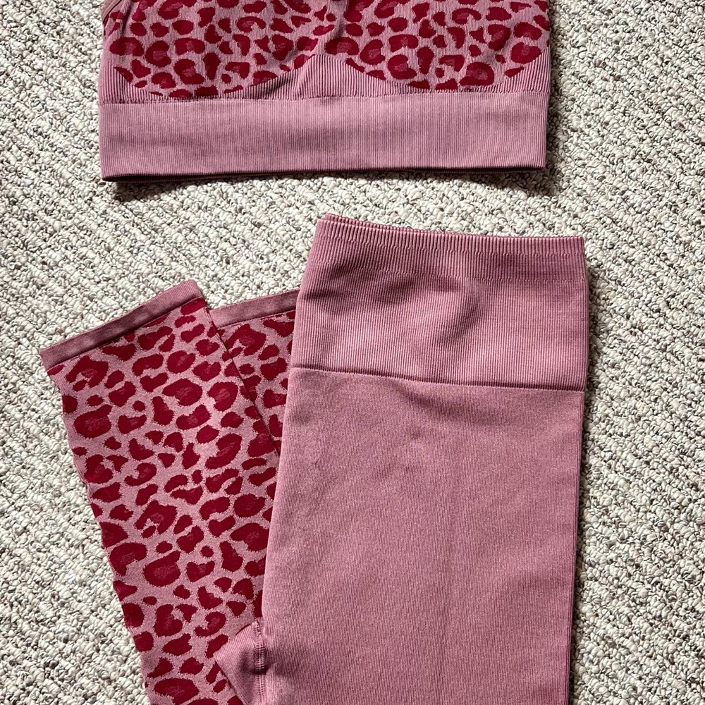 Fabletics Pink and Red Leggings and Sports Bra Combo with Leopard Print